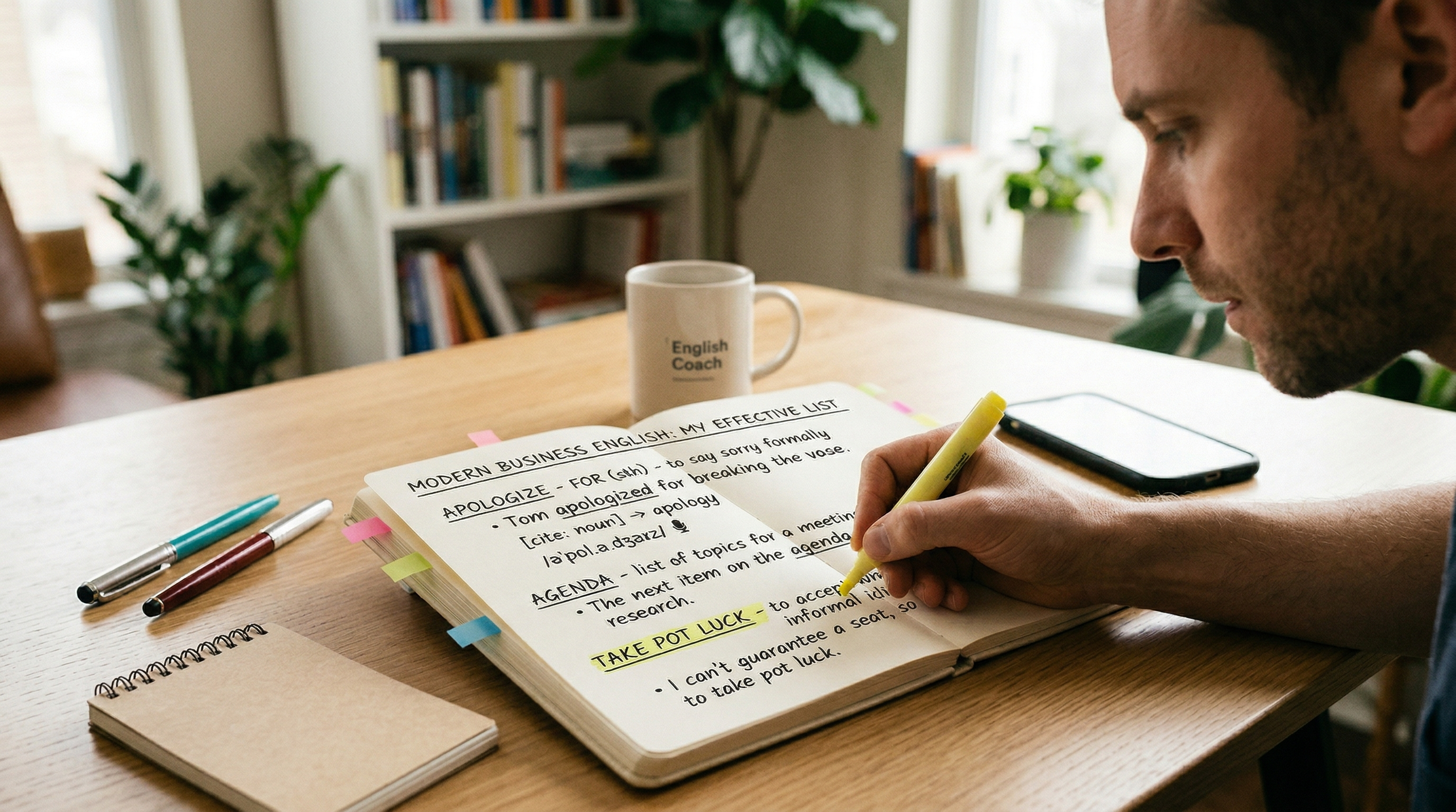 Dorosły uczeń, profesjonalista, w skupieniu korzysta z listy słówek 'Modern Business English' przygotowanej wcześniej. Używa żółtego zakreślacza do oznaczania kluczowych fraz, takich jak 'Take Pot Luck'.