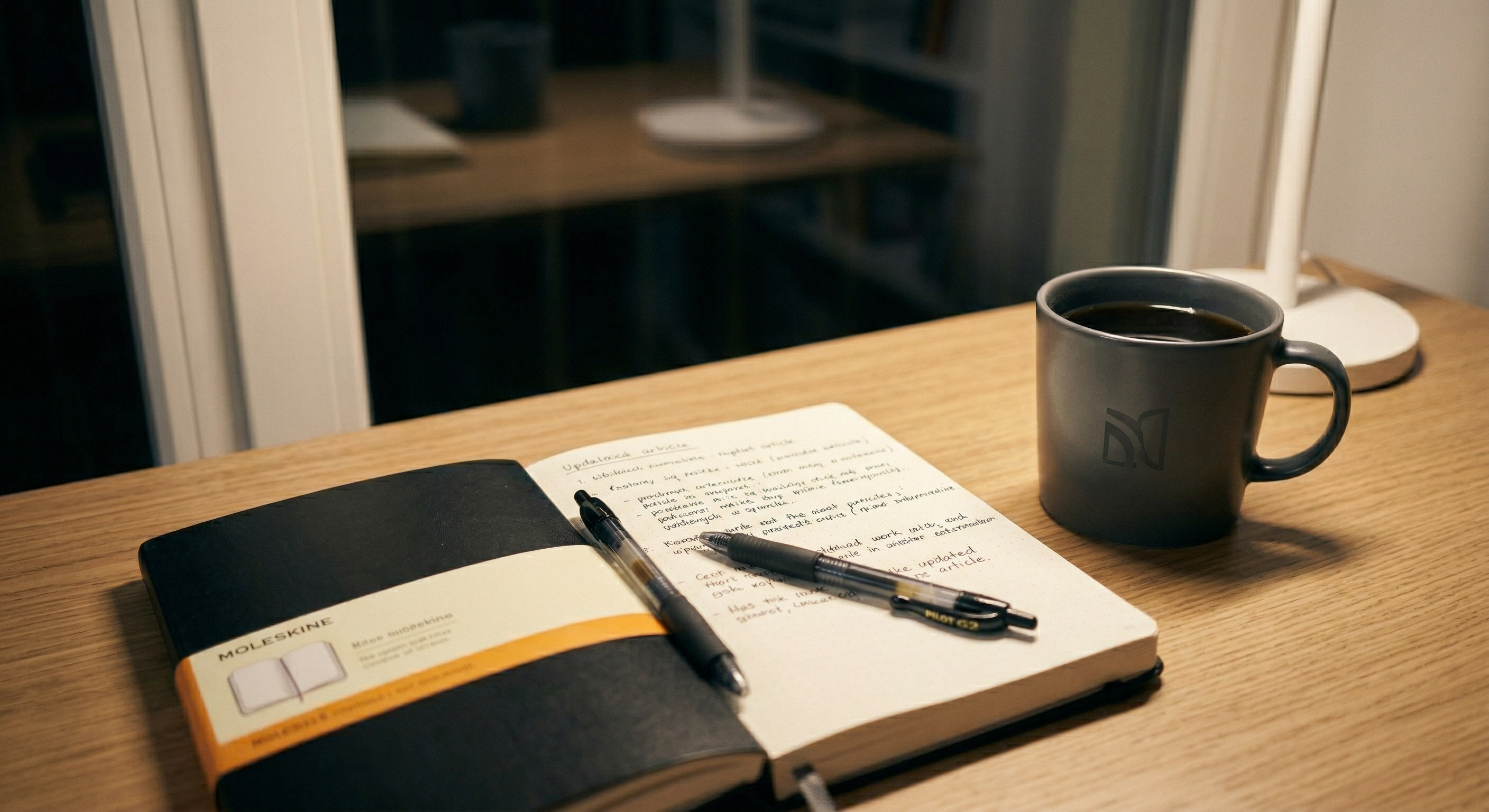 Zbliżenie na biurku profesjonalisty, pokazujące otwarty notatnik, obok profesjonalnych słuchawek dousznych, w nastrojowym oświetleniu gabinetu.