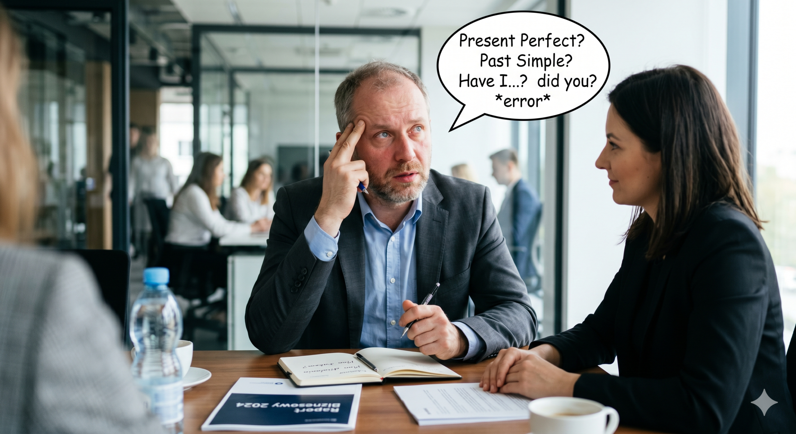Zestresowany biznesmen w szarym garniturze, z dłonią przy skroni i długopisem, wpatrzony w przestrzeń w trakcie spotkania. Nad jego głową dymek z myślami: "Present Perfect? Past Simple? Have I...? did you? *error*". Naprzeciwko siedzi cierpliwie słuchająca kobieta. Ilustracja blokady językowej.