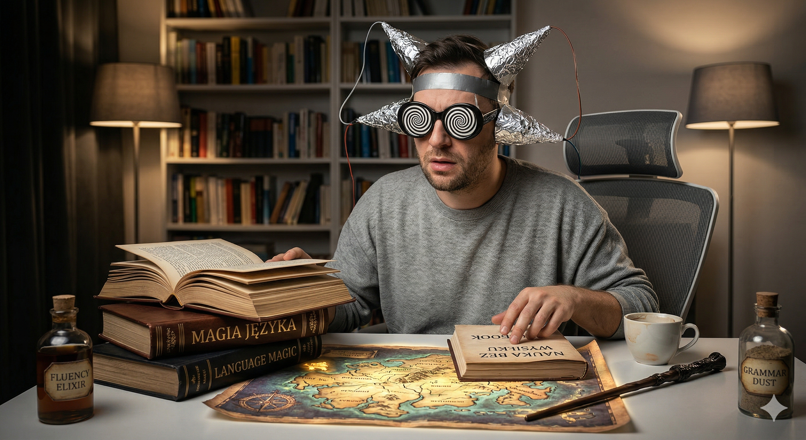Humorystyczna satyra na naukę języków. Mężczyzna w nowoczesnym apartamencie siedzi przy biurku, nosząc dziwaczne okulary z folii aluminiowej i anteny, próbując 'wyssć' wiedzę z księgi zatytułowanej 'MAGIA JĘZYKA'. W tle rozmyta sofa i nowoczesne wnętrze. Ilustracja tezy, że w nauce nie ma cudownych metod.