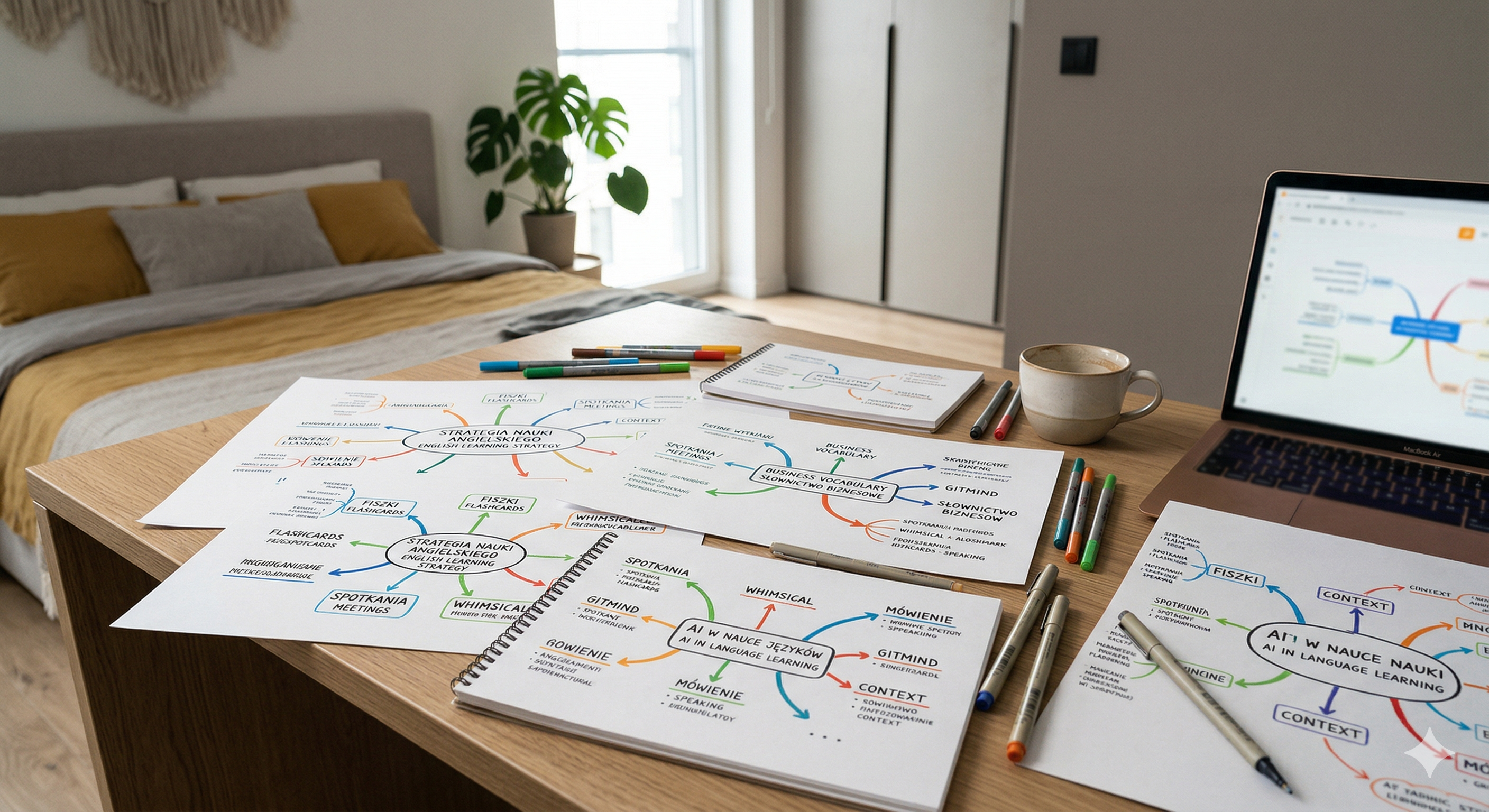 Z widoku z góry: kilka fizycznych map myśli na dużym drewnianym biurku w jasnej, nowoczesnej sypialni. Mapy są w różnych rozmiarach z ręcznymi kolorowymi napisami w języku polskim i angielskim. Obok leżą kolorowe markery, cienkopisy i filiżanka espresso. W tle miękkie tapicerowane łóżko i duże okno z widokiem na miasto.