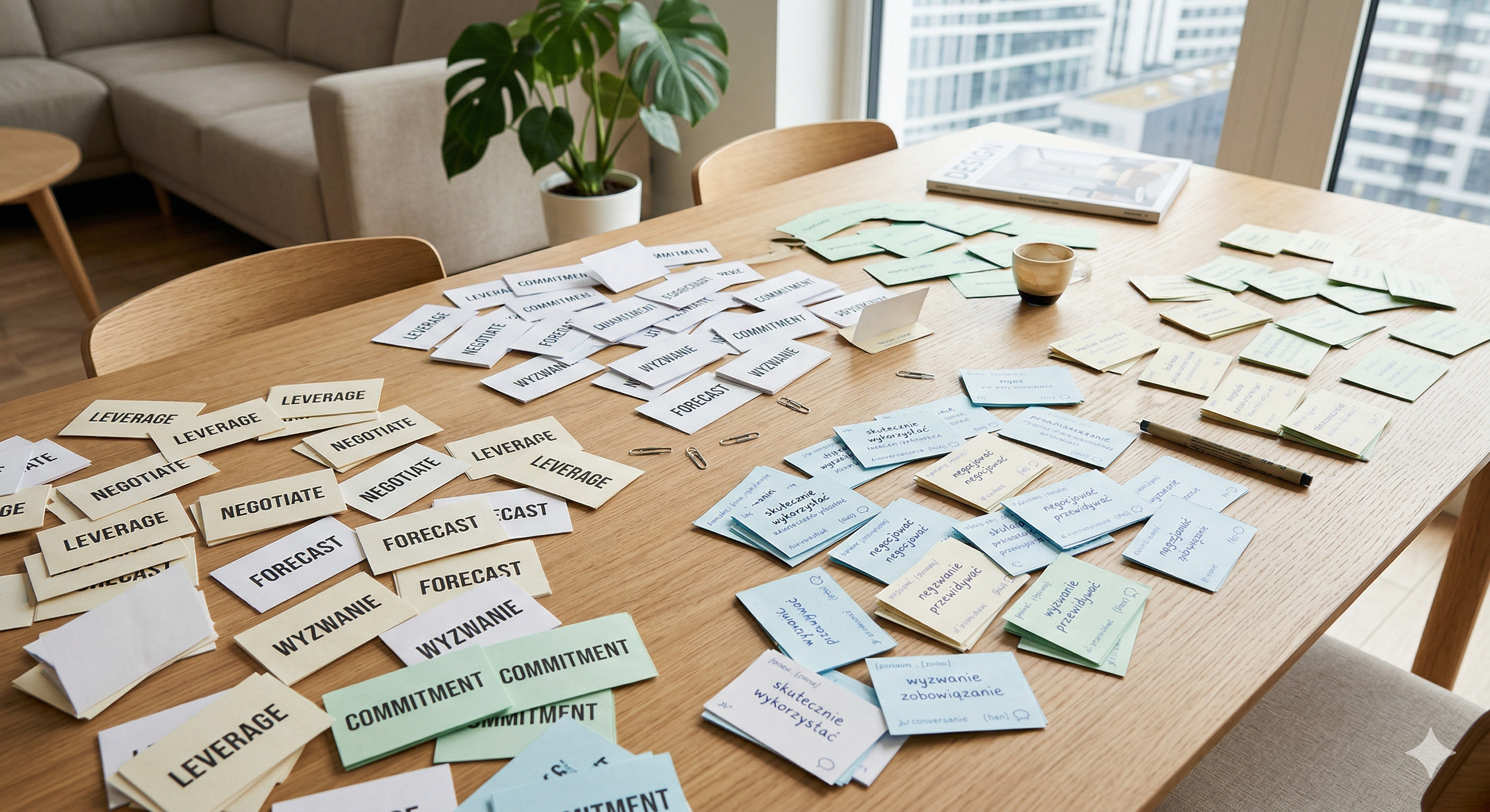 Z widoku z góry: setki bardzo małych, papierowych fiszek rozsypanych chaotycznie na dużym drewnianym stole w jasnym, nowoczesnym salonie. Karty są w różnych kolorach, a niektóre są odwrócone, pokazując angielskie słowa i polskie tłumaczenia z drobnym pismem. W tle miękka sofa i duże okno z widokiem na miasto.