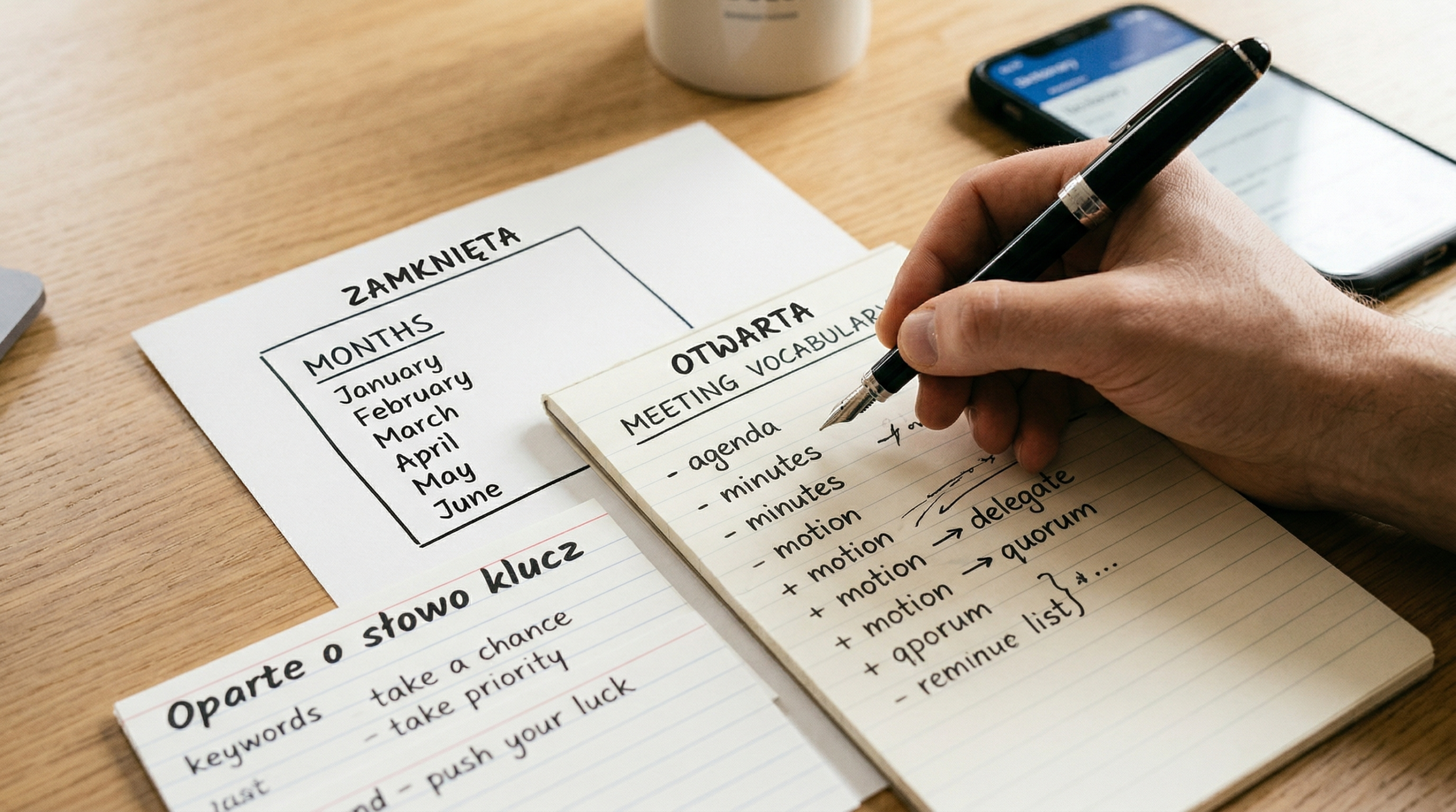 Zbliżenie na dłoń porównującą różne rodzaje list słownictwa na biurku.