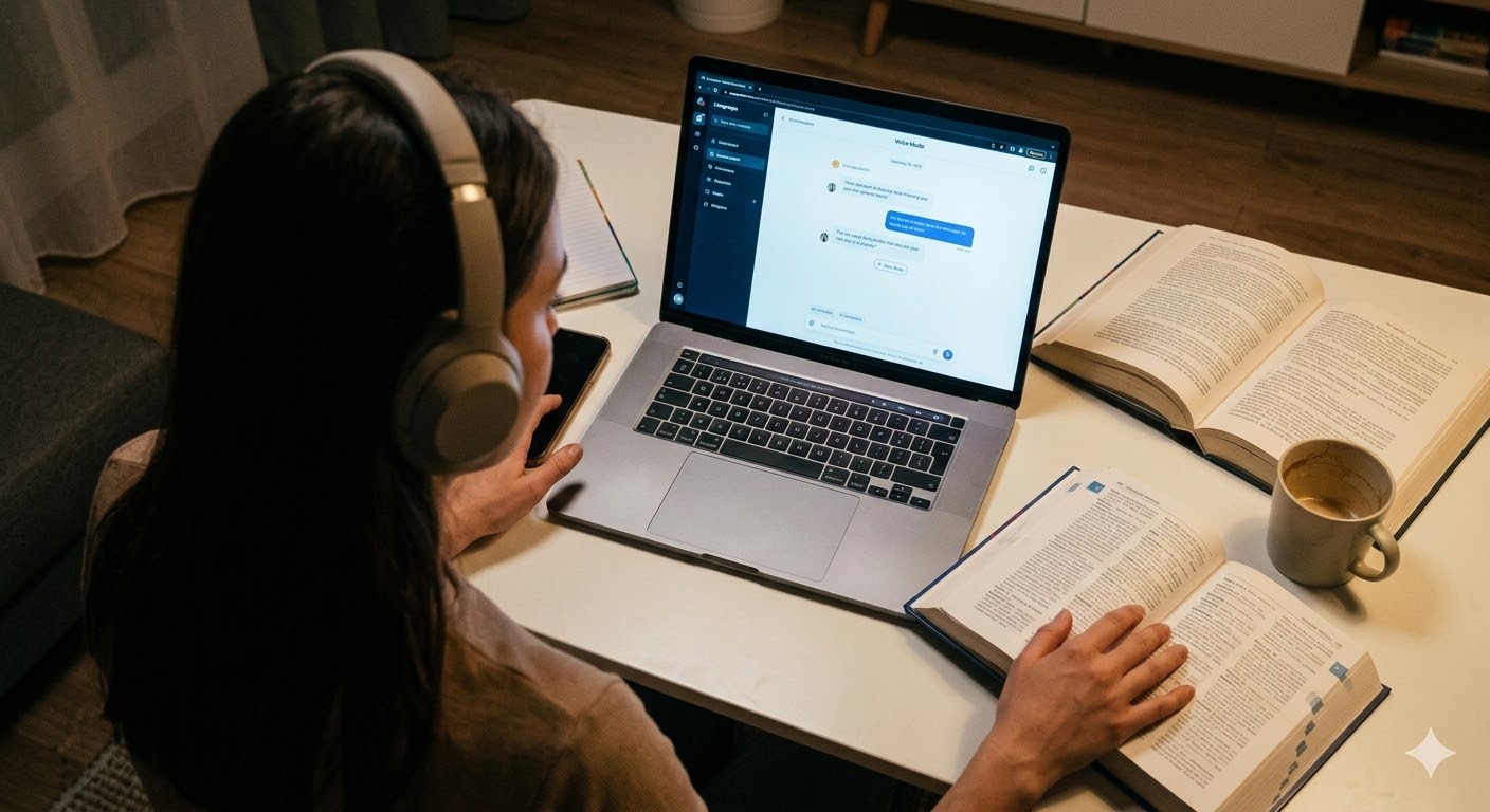 samotna-nauka-jezyka-wady-elearningu Kobieta w słuchawkach siedzi wieczorem przy biurku, patrząc na laptop z otwartą aplikacją językową. Wokół niej leżą tradycyjne podręczniki, ilustrując skupienie i samotność.