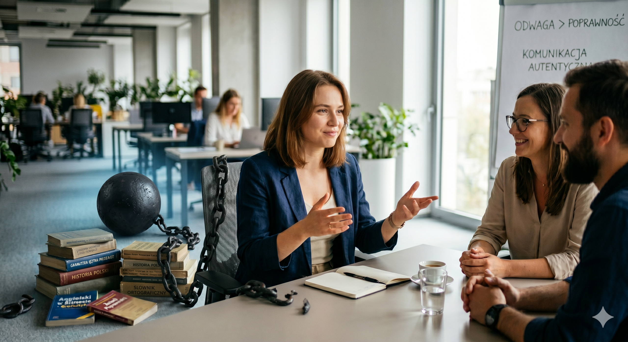 Kobieta w biurze rozmawia z entuzjazmem, podczas gdy za jej plecami leży rozerwany, ciężki łańcuch z kulą oraz porzucone podręczniki do gramatyki, co symbolizuje przełamanie blokady językowej.