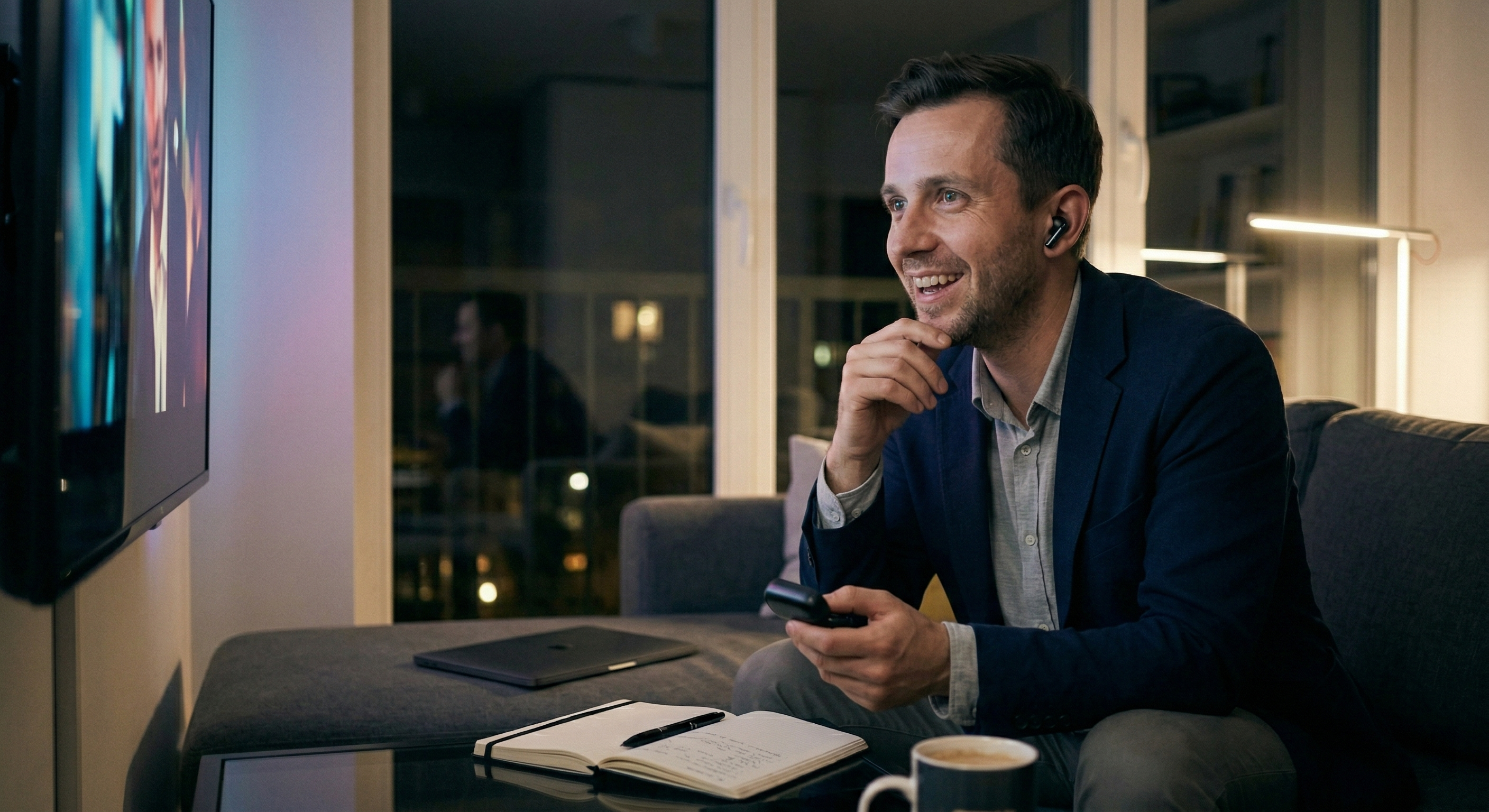 Zaangażowany mężczyzna w marynarce, uśmiechnięty i zanurzony w seansie, ogląda film w oryginale w nastrojowym gabinecie.