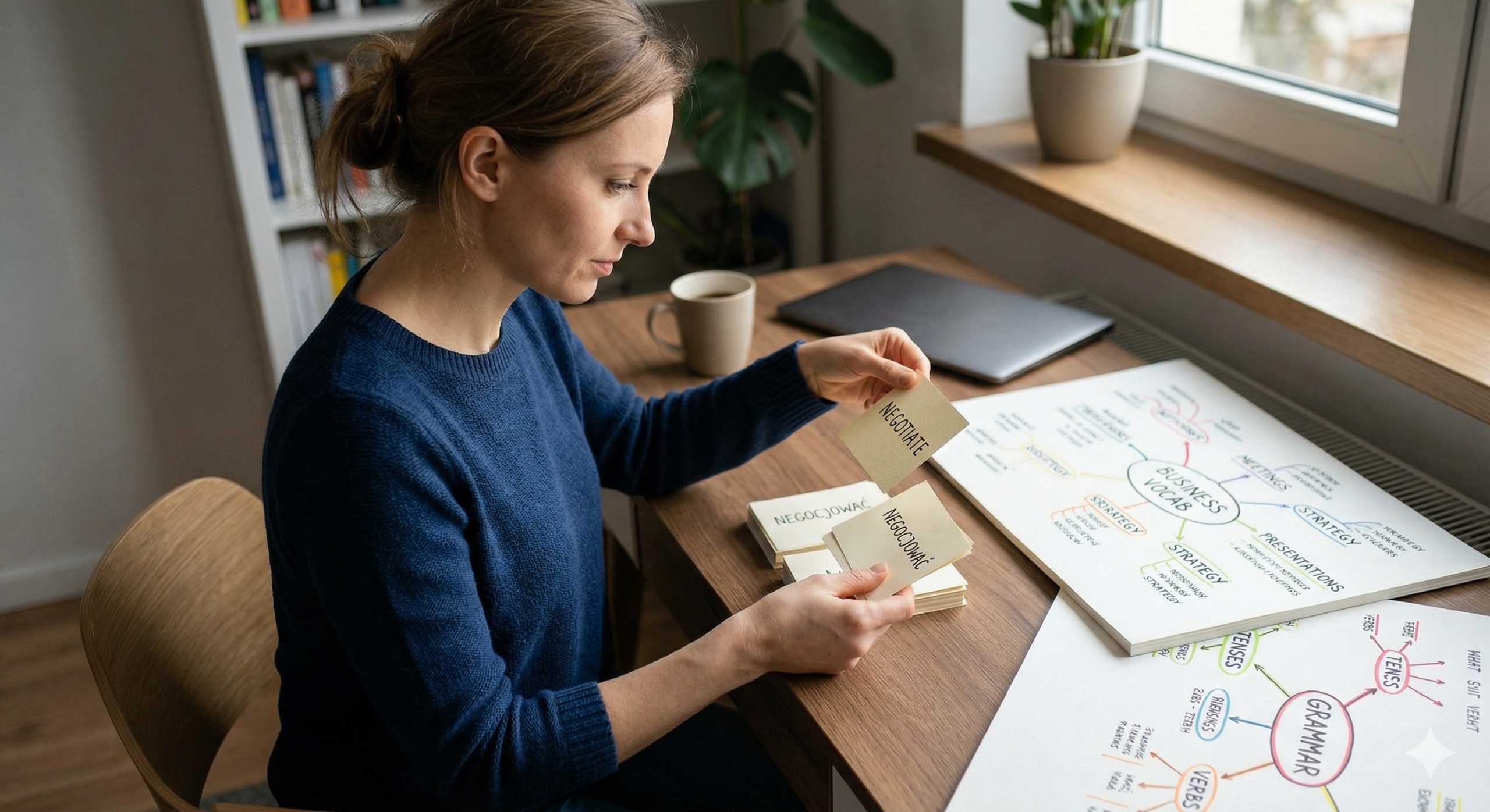 Skoncentrowana kobieta przy drewnianym biurku uczy się angielskiego, trzymając w rękach papierowe fiszki. Obok leży rozłożona profesjonalna mapa myśli z hasłami Business Vocab i Strategy oraz laptop. Zdjęcie ilustrujące nowoczesne i tradycyjne metody nauki słownictwa.