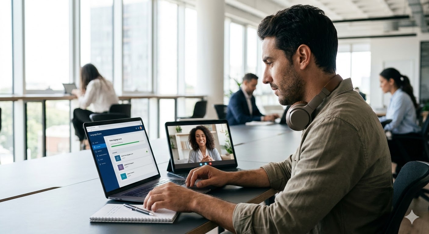 Mężczyzna pracuje w nowoczesnym biurze typu coworking. Na laptopie ma otwarty kurs językowy, a na tablecie obok prowadzi rozmowę wideo z żywym lektorem.