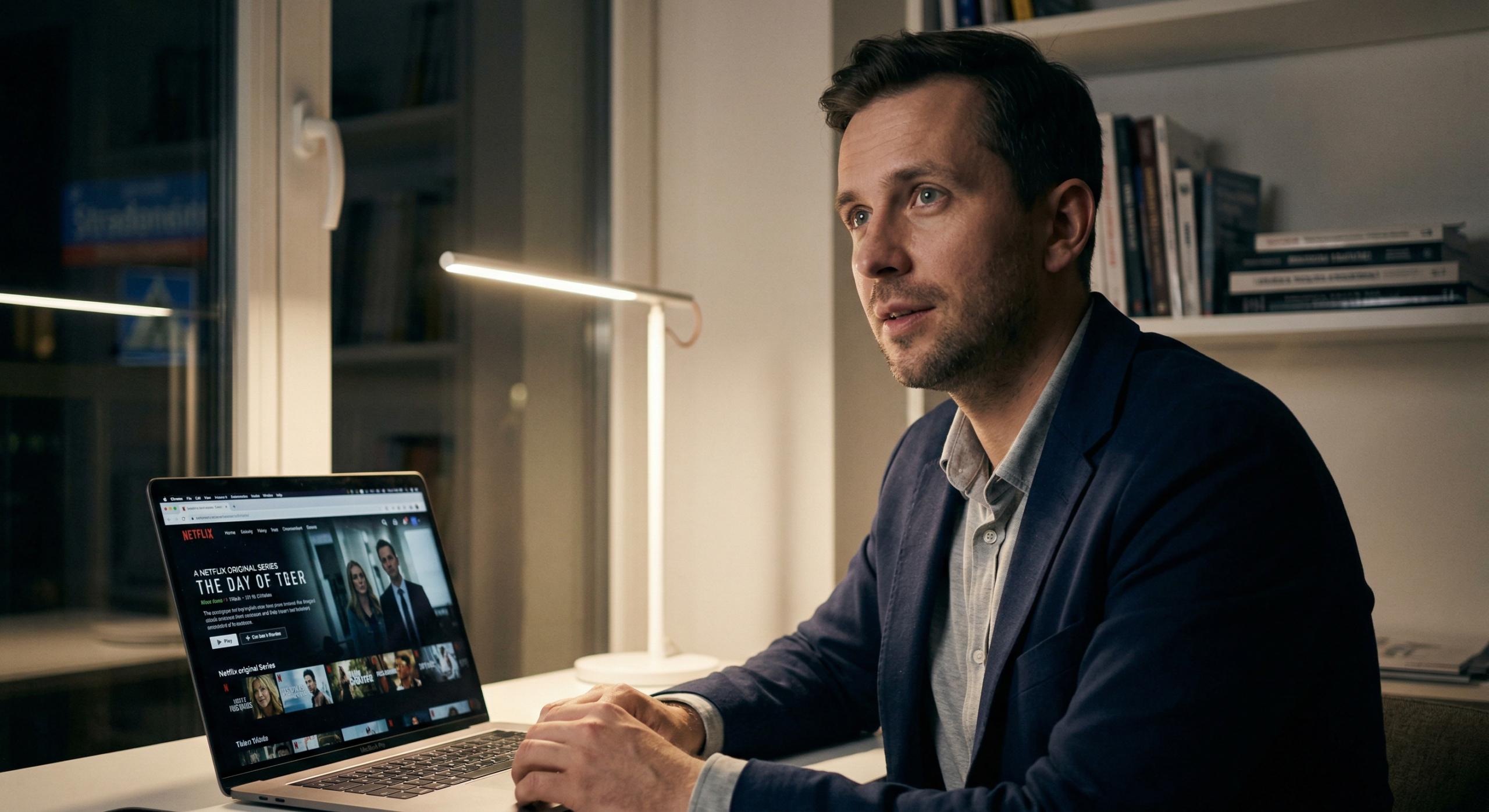 Mężczyzna w marynarce ogląda film w oryginalnej wersji językowej na laptopie w nowoczesnym wnętrzu.