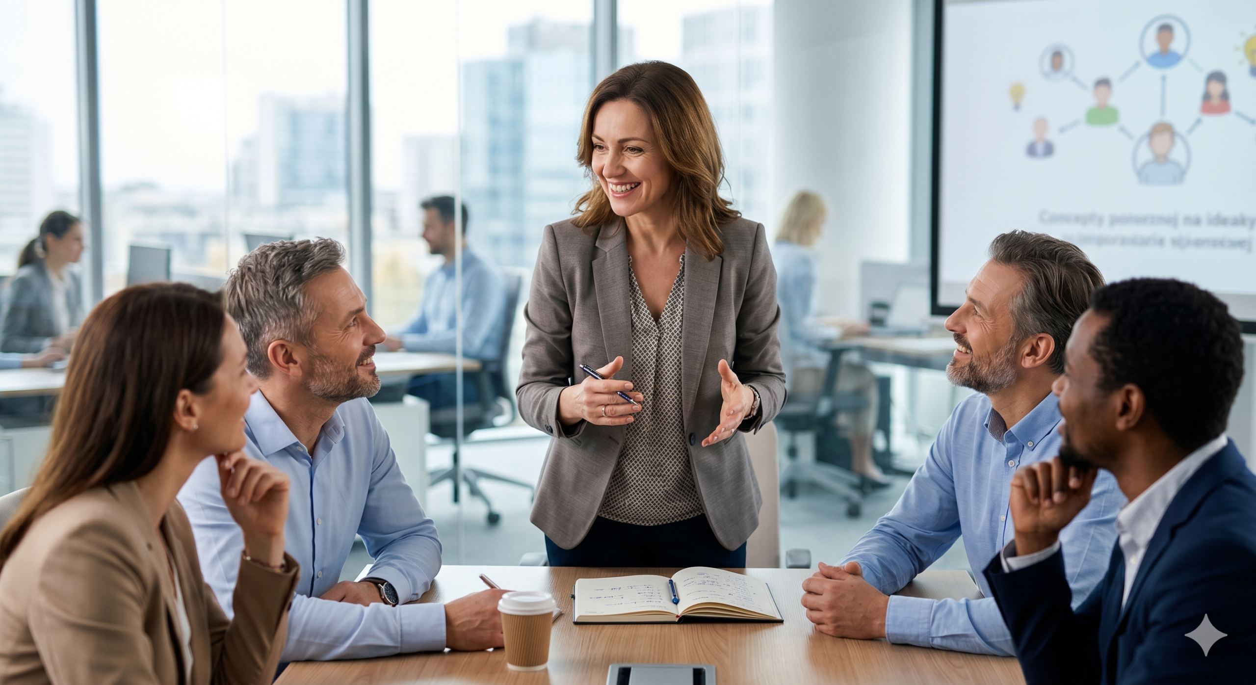 Uśmiechnięta kobieta pewnie komunikuje się z zespołem podczas spotkania biznesowego, ilustrując odwagę w mówieniu po angielsku.