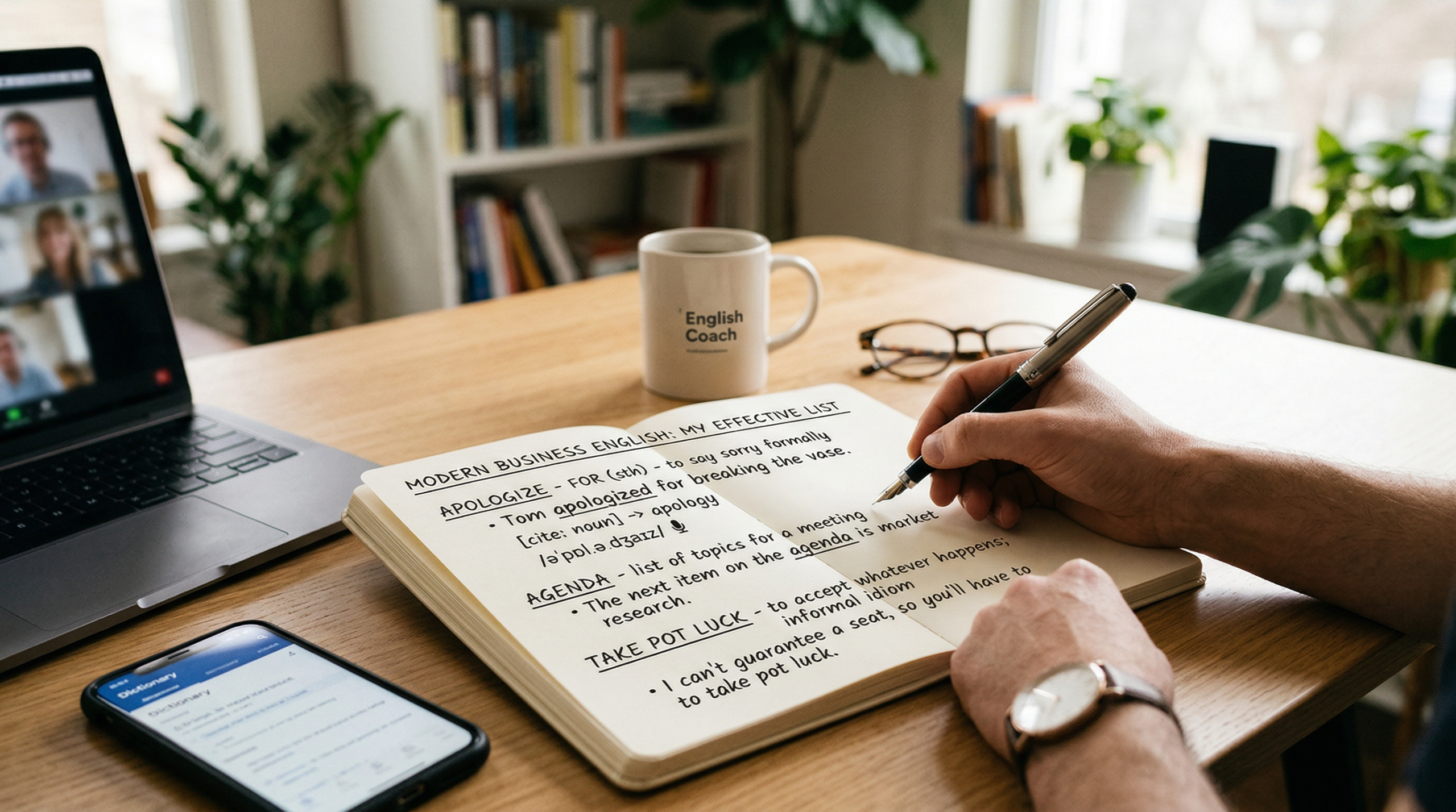 Profesjonalne stanowisko pracy z otwartym notatnikiem, w którym widoczna jest ręcznie zapisana, strukturalna lista słownictwa Business English z definicjami i przykładami użycia.